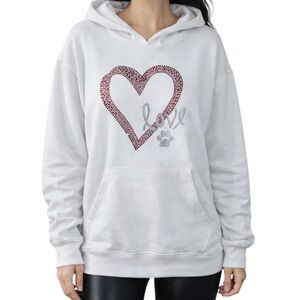 Zenana Outfitters White Rhinestone Heart Love Paw Print Hoodie Sweatshirt M